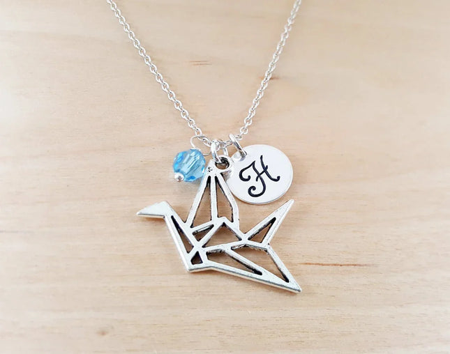 Personalized Paper Crane Necklace – Sterling Silver Chain with Birthstone & Initial