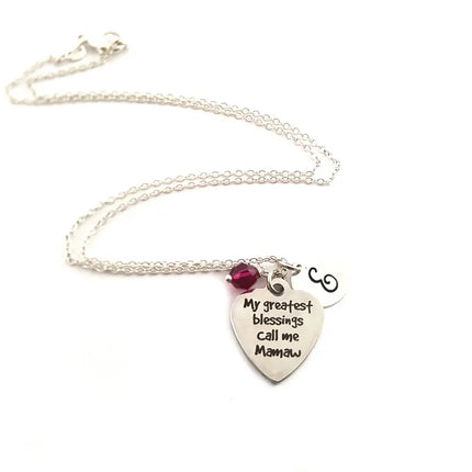 Call Me Mamaw Necklace – Sterling Silver with Birthstone & Initial Charm