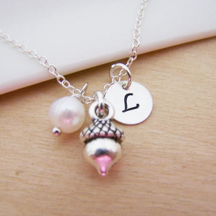 Tiny Acorn Necklace – Sterling Silver with Birthstone & Initial Charm