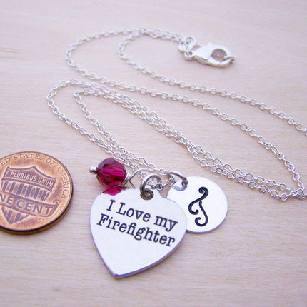 I Love My Firefighter Necklace – Personalized Sterling Silver Jewelry with Initial & Birthstone or Pearl