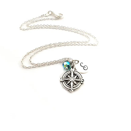 Personalized Compass Necklace – Sterling Silver Chain with Birthstone & Initial