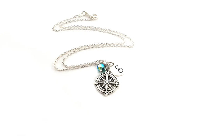 Personalized Compass Necklace – Sterling Silver Chain with Birthstone & Initial