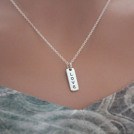 Sterling Silver Love Necklace – Vertical Word Charm on 16" Chain