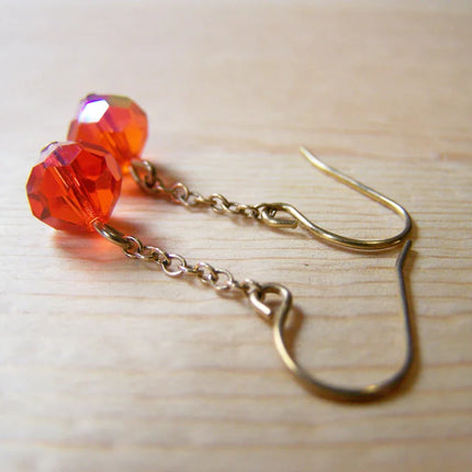 Dainty Red Swarovski Crystal Chain Dangle Gold Brass Earrings / Gift for Her