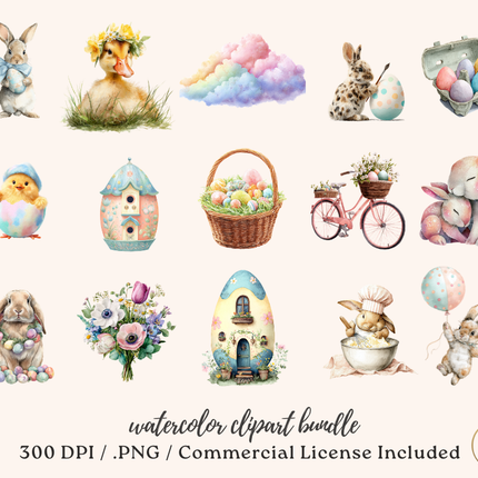 Enchanted Easter Watercolor Clip Art Bundle – 97 Pastel Spring PNG Graphics – Commercial Use Included