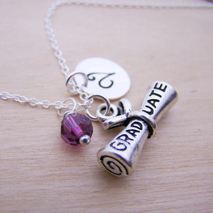 Graduation Diploma Necklace – Sterling Silver with Birthstone & Initial Charm