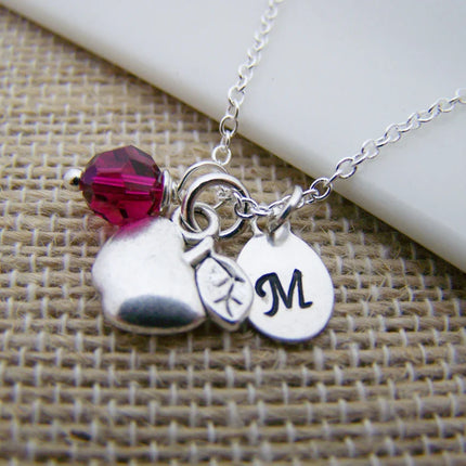 Personalized Apple Necklace – Sterling Silver Chain with Birthstone & Initial