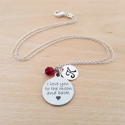 I Love You to the Moon and Back Necklace – Sterling Silver with Birthstone & Initial Charm
