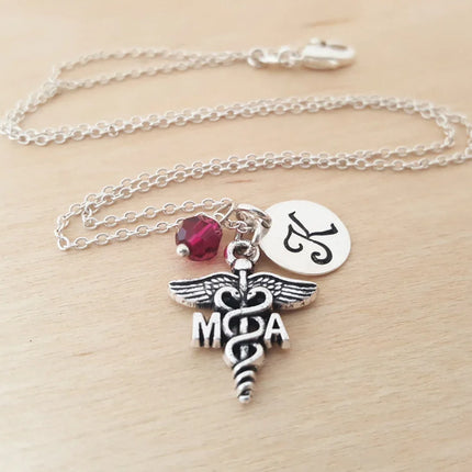 Medical Assistant Necklace – Sterling Silver with Birthstone & Initial Charm