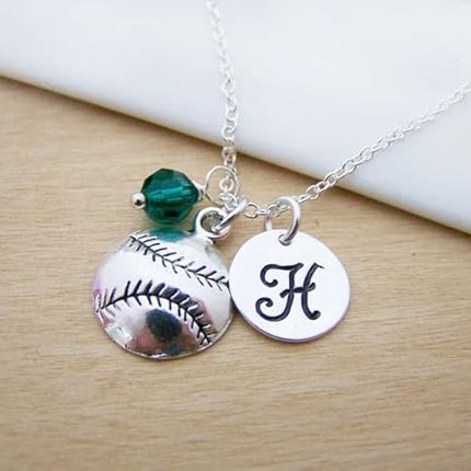 Personalized Baseball Charm Necklace –  Initial Birthstone Jewelry Gift for Her
