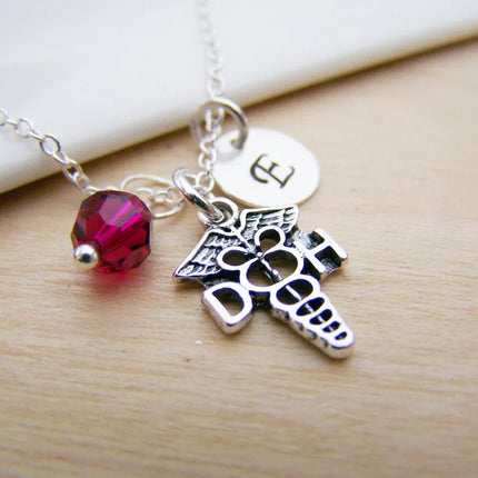 Dental Hygienist Necklace – Sterling Silver with Birthstone & Initial Charm
