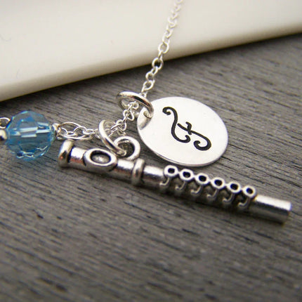 Flute Necklace – Sterling Silver with Birthstone & Initial Charm