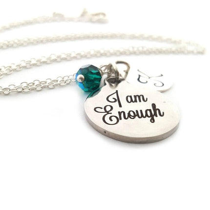 I Am Enough Necklace – Sterling Silver with Birthstone & Initial Charm