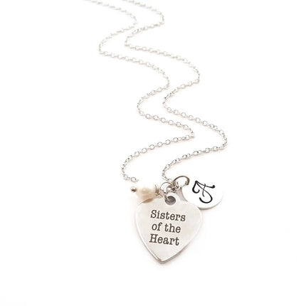 Sisters of the Heart Necklace – Stainless Steel Charm on Sterling Silver Chain with Birthstone & Initial