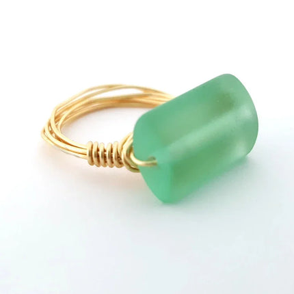 Aqua Sea Glass Ring - Gold Wire Wrapped Ring - Ring Size 6