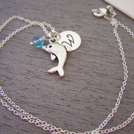 Personalized Dolphin Necklace – Sterling Silver Chain with Birthstone & Initial