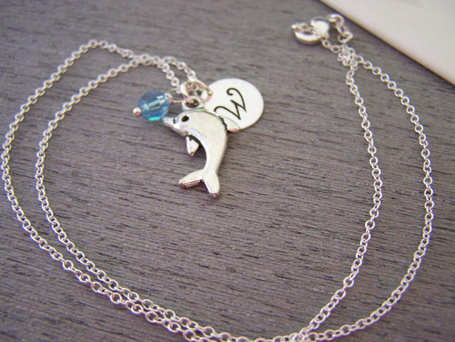 Personalized Dolphin Necklace – Sterling Silver Chain with Birthstone & Initial