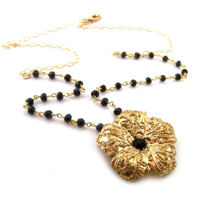 Gold Flower Black Onyx Gemstone Ornate Vintage Inspired OOAK Gold Filled Wire Wrapped Necklace