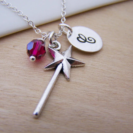 Personalized Magic Wand Necklace – Sterling Silver Chain with Birthstone & Initial