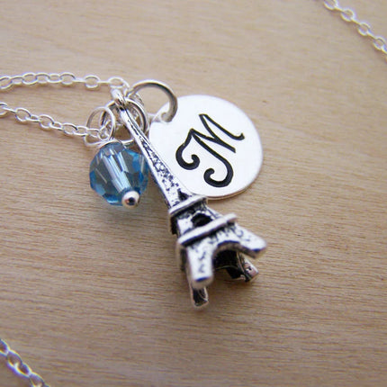 Eiffel Tower Necklace – Sterling Silver with Birthstone & Initial Charm
