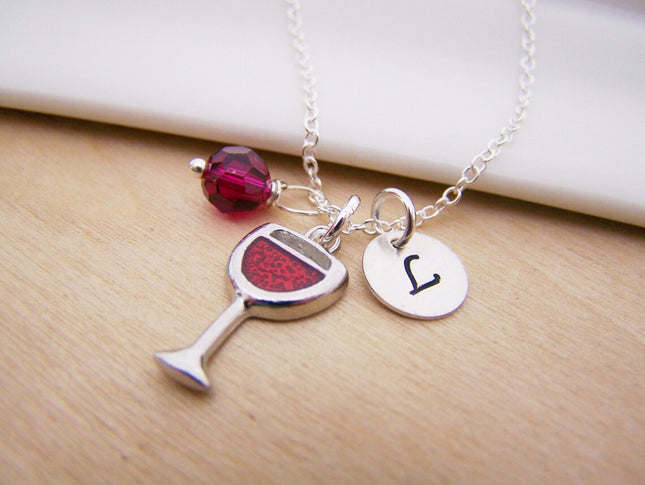 Personalized Wine Glass Necklace – Sterling Silver Chain with Birthstone & Initial