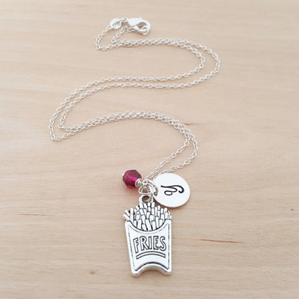 French Fries Necklace – Sterling Silver with Birthstone & Initial Charm