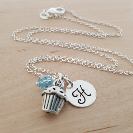 Cupcake Necklace – Sterling Silver with Birthstone & Initial Charm