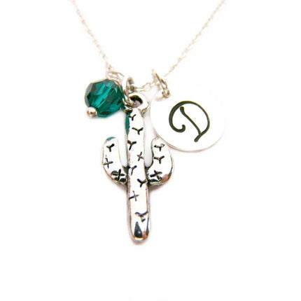 Cactus Necklace – Sterling Silver with Birthstone & Initial Charm