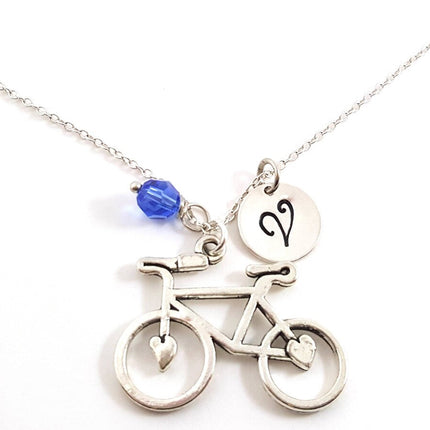 Personalized Bicycle Necklace – Sterling Silver Chain with Heart Charm, Birthstone & Initial