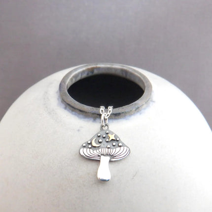 Mushroom & Moon Necklace – Sterling Silver with Bronze Crescent and Star, 18" Chain