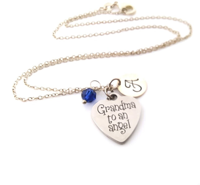 Grandma to an Angel Necklace – Sterling Silver Chain with Birthstone & Initial