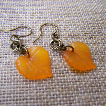 Orange Leaf Dangle Earrings – Acrylic Charms and Antiqued Brass, 1.5 Inch