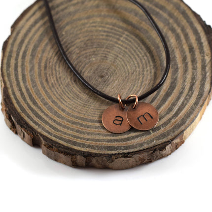 Personalized Copper Initial Necklace for Men – Hand Stamped Leather Cord Necklace – Custom Initial Jewelry Gift for Him
