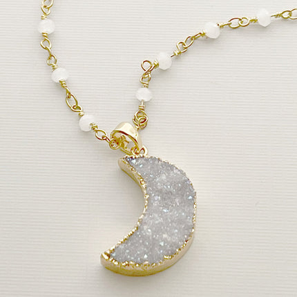 Druzy Moon Necklace – Gold Plated on White Rosary Chain, 21 Inch