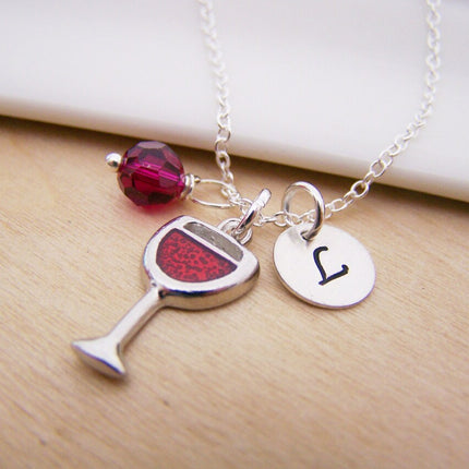 Glass of Wine Necklace – Sterling Silver with Birthstone & Initial Charm