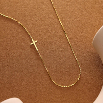 Gold Sideways Cross Necklace – Minimalist Horizontal Cross on 18" Chain