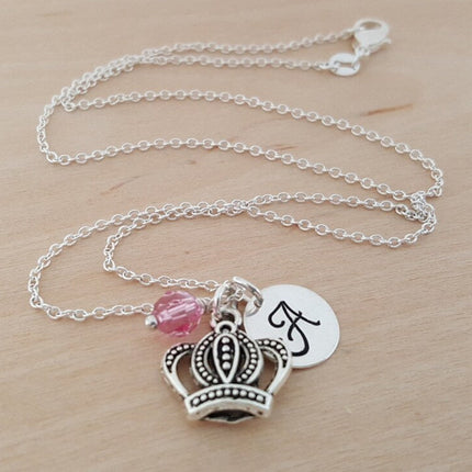Crown Necklace – Sterling Silver with Birthstone & Initial Charm