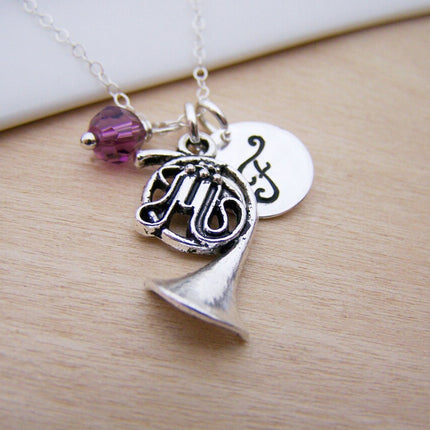 French Horn Necklace – Sterling Silver with Birthstone & Initial Charm
