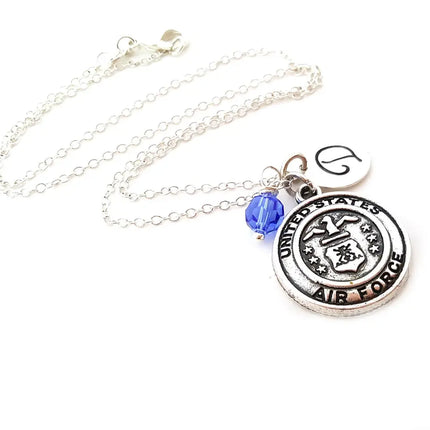 Personalized Air Force Necklace – Sterling Silver Chain with Birthstone & Initial