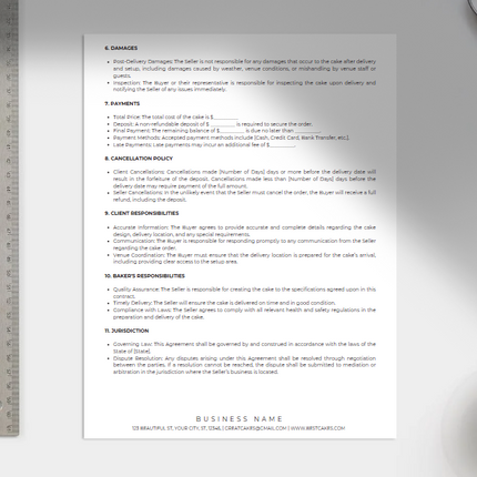 Cake Business Contract Template – 3-Page Editable Canva Form (Instant Download)