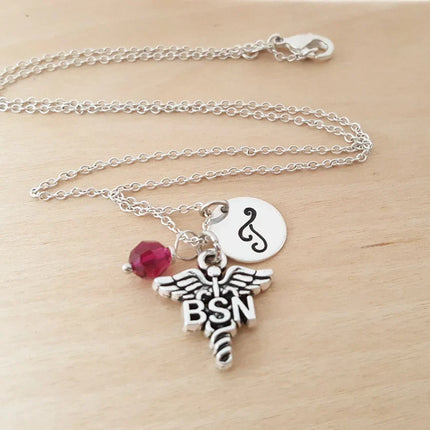 Personalized BSN Nurse Necklace – Sterling Silver Chain with Birthstone & Initial