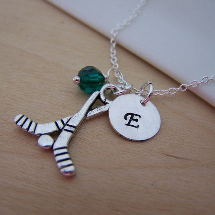 Hockey Stick Necklace – Sterling Silver with Birthstone & Initial Charm
