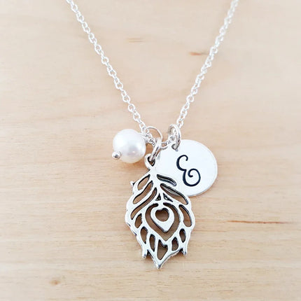 Peacock Feather Necklace – Sterling Silver with Birthstone & Initial Charm