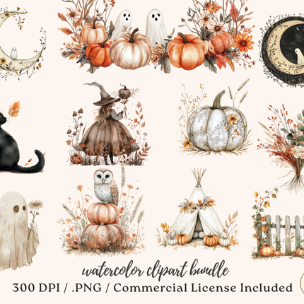 Boho Halloween Watercolor Clipart Bundle – 107 PNGs, 300 DPI, Commercial License