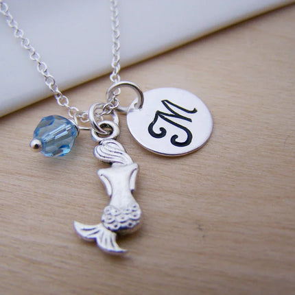 Mermaid Necklace – Sterling Silver with Birthstone & Initial Charm