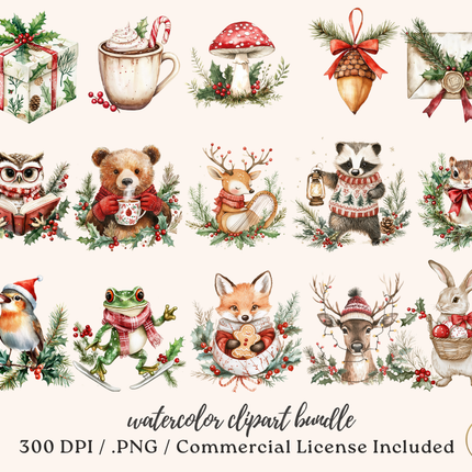 Merry Little Woodland – 174 Watercolor Christmas Clipart Bundle | PNGs, 300 DPI, Commercial License Included