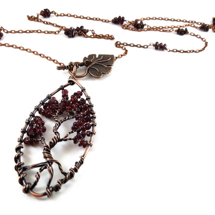 Garnet Tree of Life Pendant Necklace – Copper Wire Wrapped, 32 Inch Chain