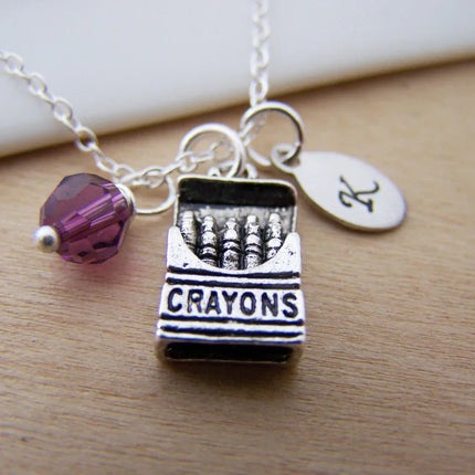 Personalized Crayon Necklace – Sterling Silver Chain with Birthstone & Initial