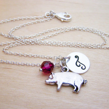 Pig Necklace – Sterling Silver with Birthstone & Initial Charm