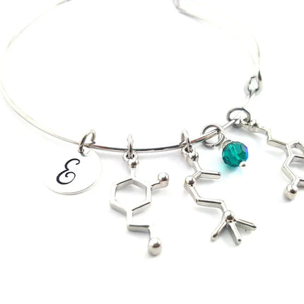 Serotonin Neurotransmitter Bracelet – Adjustable Bangle with Birthstone & Initial